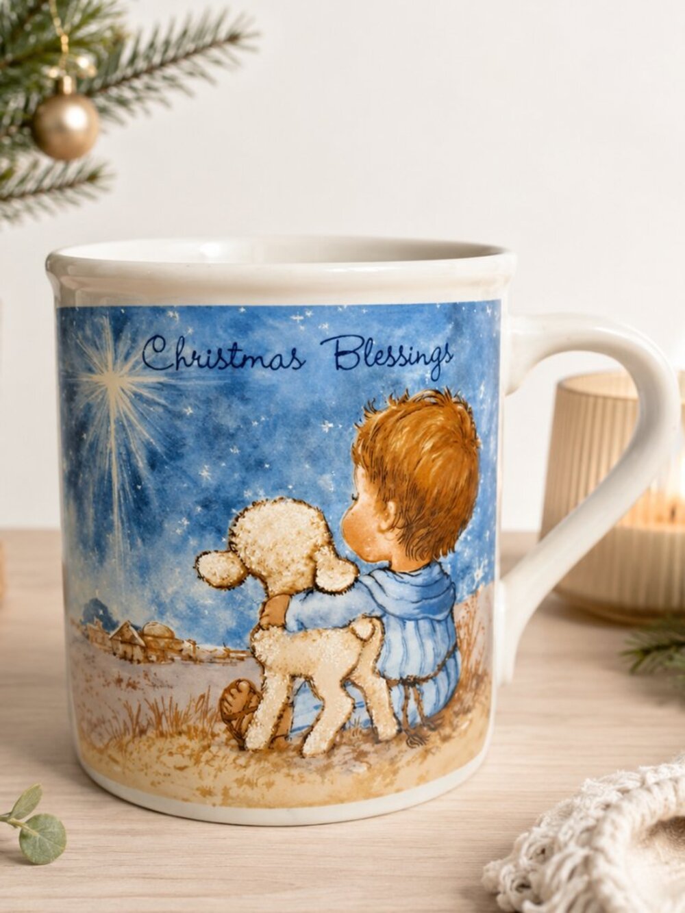 Vintage Hallmark Christmas Blessings Mug Lamb Child Japan 1986